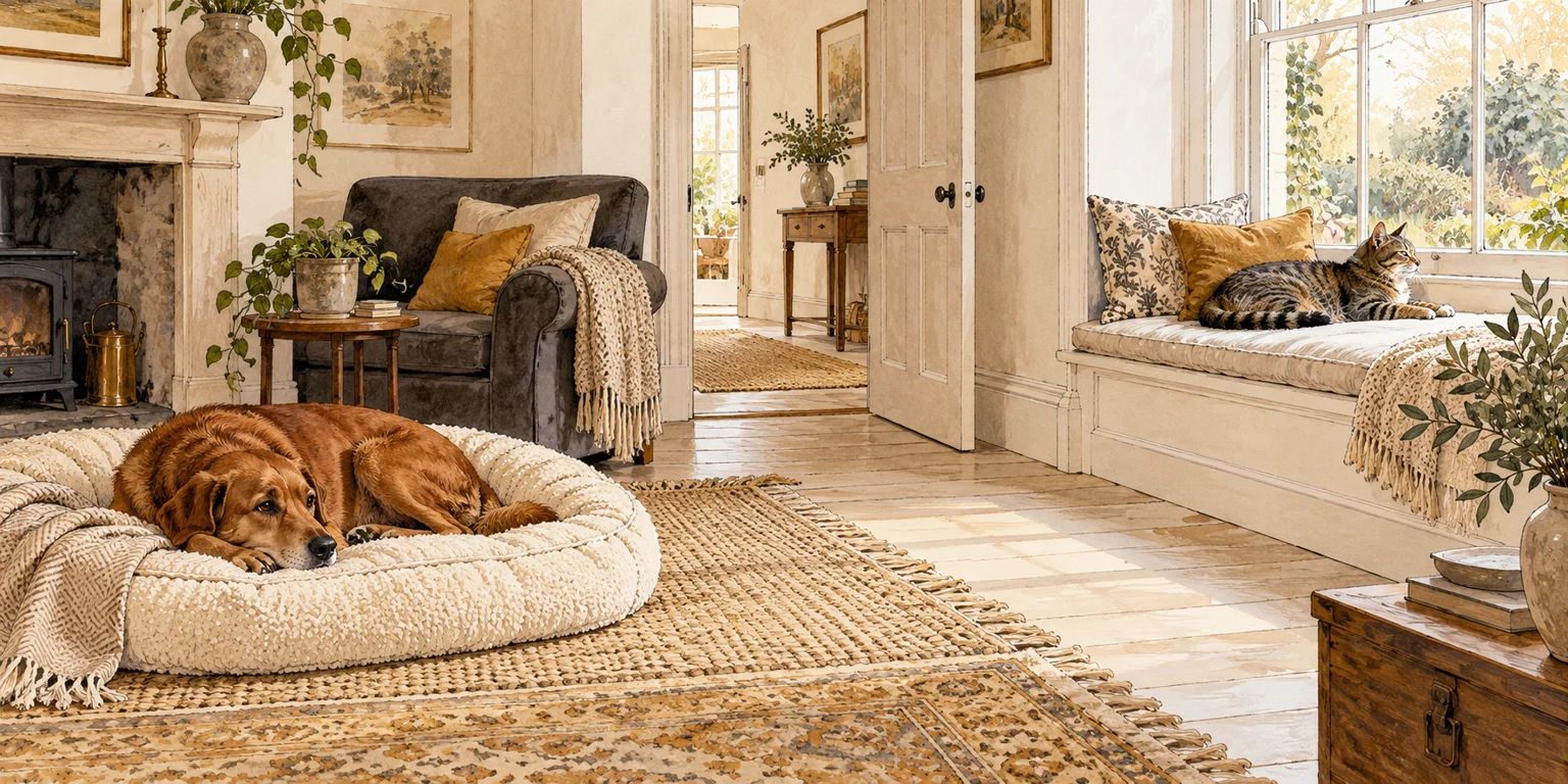 A dog and cat resting separately in the same room, with space to move away.