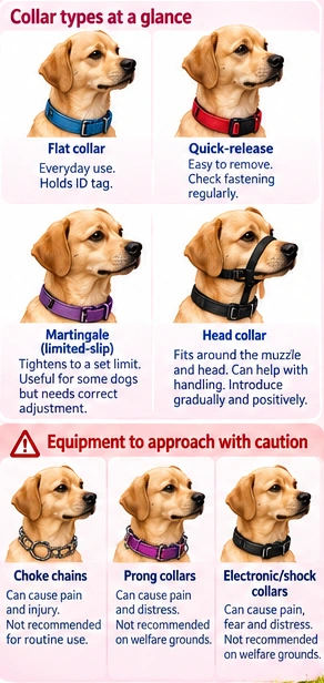 Flat, quick-release, limited-slip and head collars, with a welfare caution about choke, prong and shock equipment.