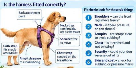 Side-view harness fit diagram marking breastbone, neck, shoulder, armpit clearance, girth strap and back attachment.