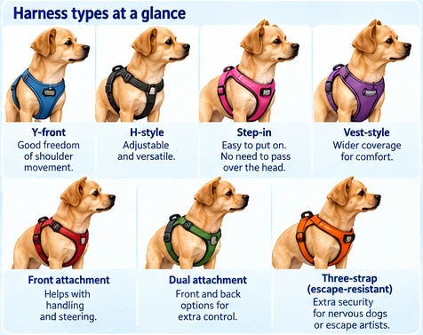 Illustrated comparison of Y-front, H-style, step-in and vest harnesses, front and dual clips and a three-strap design.