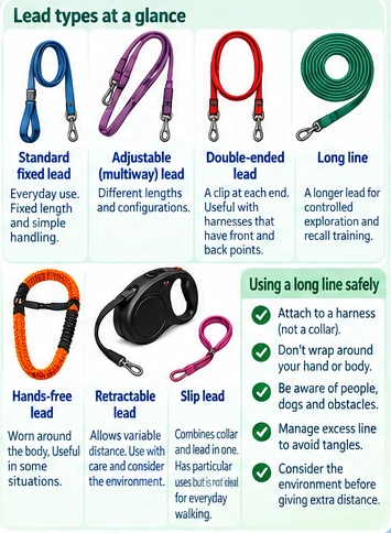 Standard fixed, adjustable, double-ended, long, hands-free, retractable and slip leads, with long-line handling reminders.