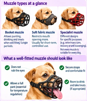 Basket, fabric and specialist muzzle examples, and a basket-fit diagram showing panting room, eye clearance and secure straps.