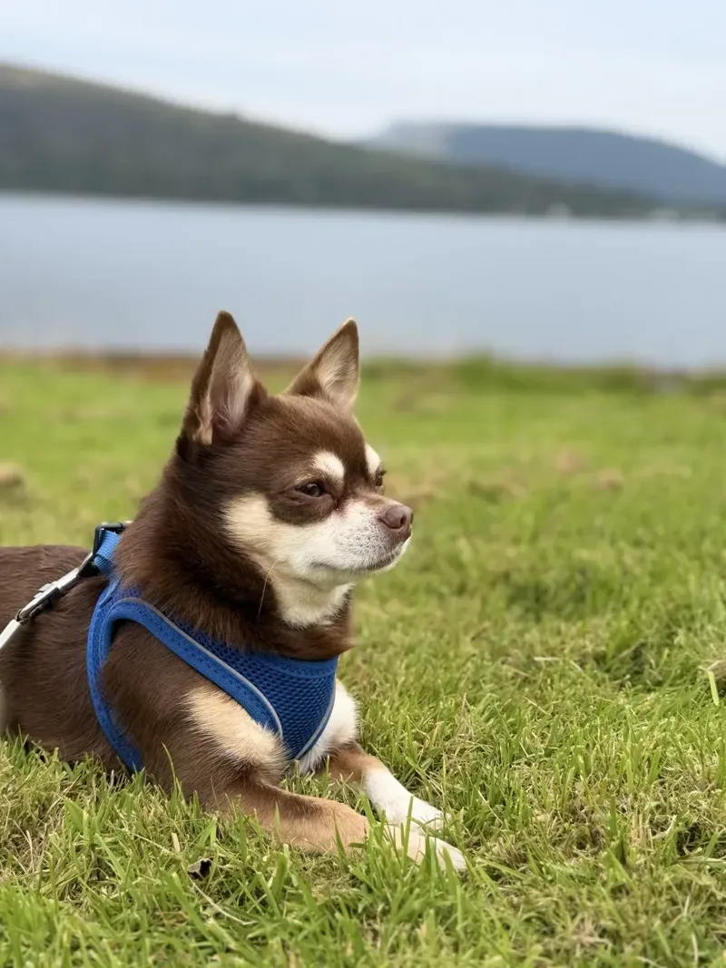 Odie resting on grass beside a loch, wearing a blue harness