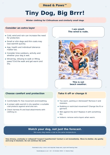 Tiny Dog, Big Brrr! poster: a cheerful Chihuahua in a pink jumper and navy coat in snow. The complete advice follows as text.